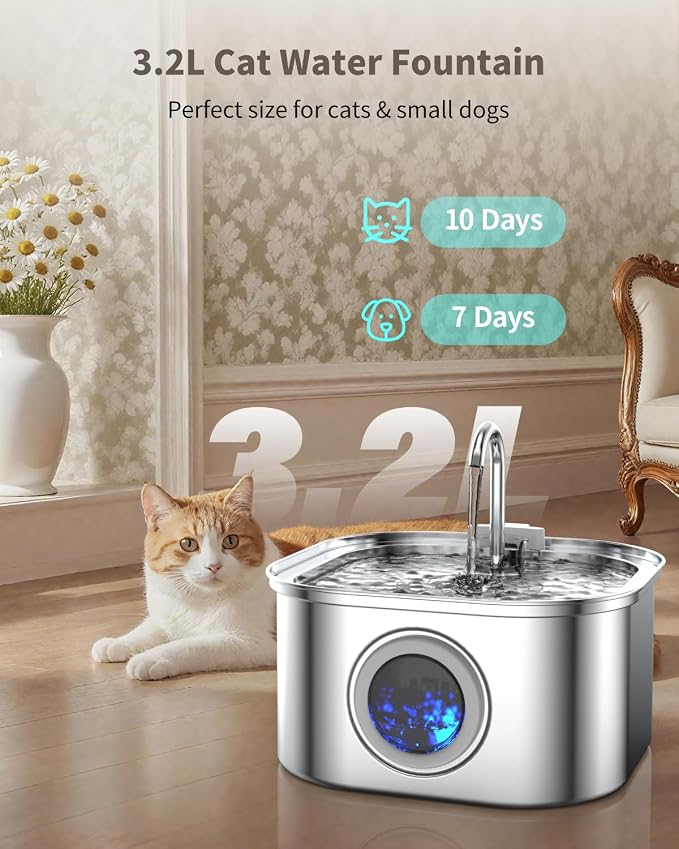Stainless Steel Cat Water Fountain - 3.2L/108oz Cat Drinking Fountain | Quiet Cat Fountain for Indoor Cats and Small Dogs, Automatic Pet Water Dispenser Keeps Fresh Water - Image 2