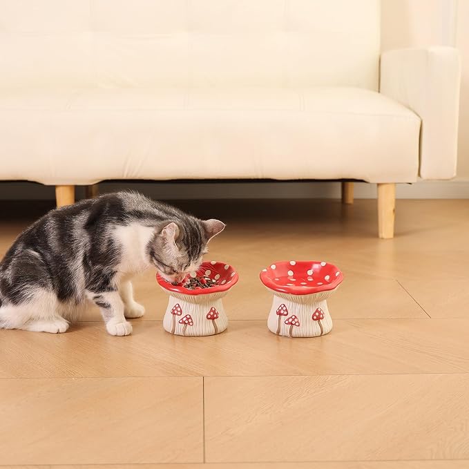 Ceramic Cat Bowl, Cute Red Mushroom Elevated Cat Food Dish, Shallow Raised Feeder, Anti Vomiting, Stress Free, Whisker Fatigue - Image 7