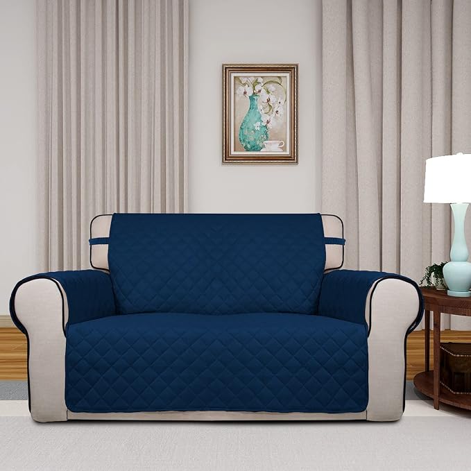 PureFit Reversible Quilted Sofa Cover, Water Resistant Medium Slipcover Furniture Protector, Washable Couch Cover with Non Slip Foam and Elastic Straps for Kids, Pets (Loveseat, Navy/Navy) | Navy/Navy, Water Resistant Couch Protector, Washable Pet Couc... - Image 2