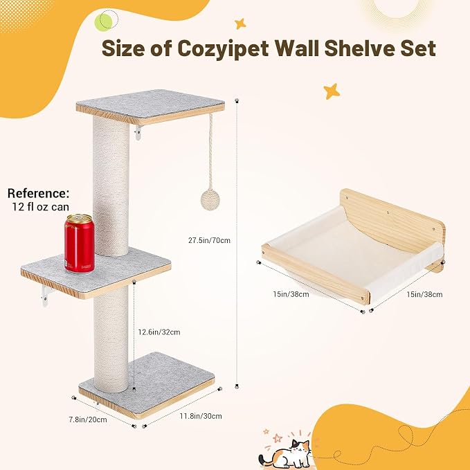Wall Mounted Cat Shelves Set with Hammock | Sisal Scratching Posts, 3 Wooden Steps, Space-Saving Cat Tree, For Indoor Cats Up to 30 lbs - Image 2