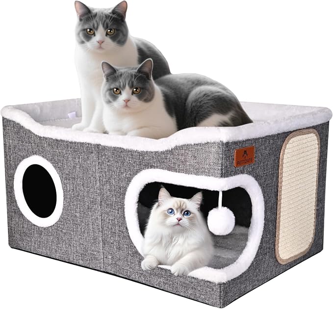 Extra Large Cat Beds for Indoor Cats, Covered Cat Cave Beds & Furniture with Scratch Pad and Fluffy Ball, Foldable Cat Condo Hideaway with Reversible Cushion for Multi Small Pet Large Kittens, Grey - Image 8