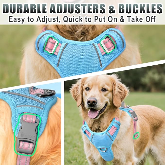 BARKBAY No Pull Dog Harness Large Reflective Dog Harness with Front Clip and Easy Control Handle for Walking Training Running with ID tag Pocket(Baby Blue & Baby Pink,M) - Image 8