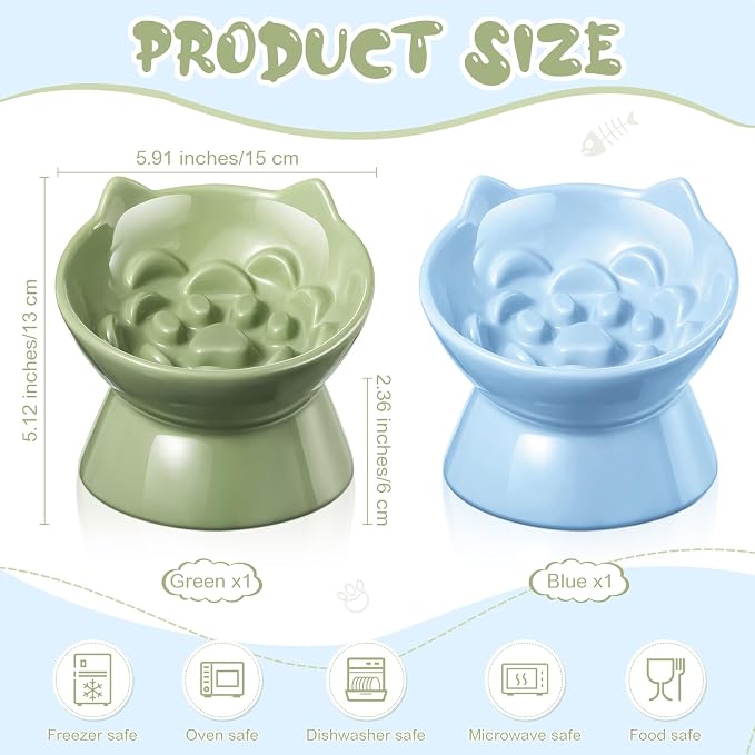 Funnymoom 2 Pcs Ceramic Raised Slow Feeder Cat Bowl, 5.91inch Elevated Cat Slow Feeder Bowl Tilted Anti Vomiting for Dry Wet Food and Water Easy to Clean High Edge(Green, Blue) - Image 2