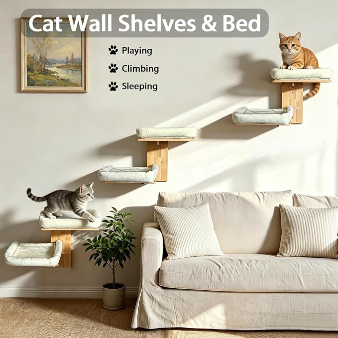 Cat Wall Shelves with Cat Bed 2 in 1 Furniture with Soft Cushion Perch & Pet Cooling Mat 2 Platform Climbing Wall Systems Tree Tower for Indoor Cats Rubber Wood Corner Floating Shelf - Image 3