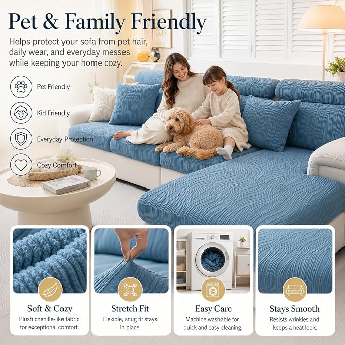 Stretch Sofa Slipcover, 2026 Upgraded Non Slip Couch Cover with Adjustable Straps, Pet Dog Cat Friendly Furniture Protector for 3 Seater, Washable for Living Room - Image 7
