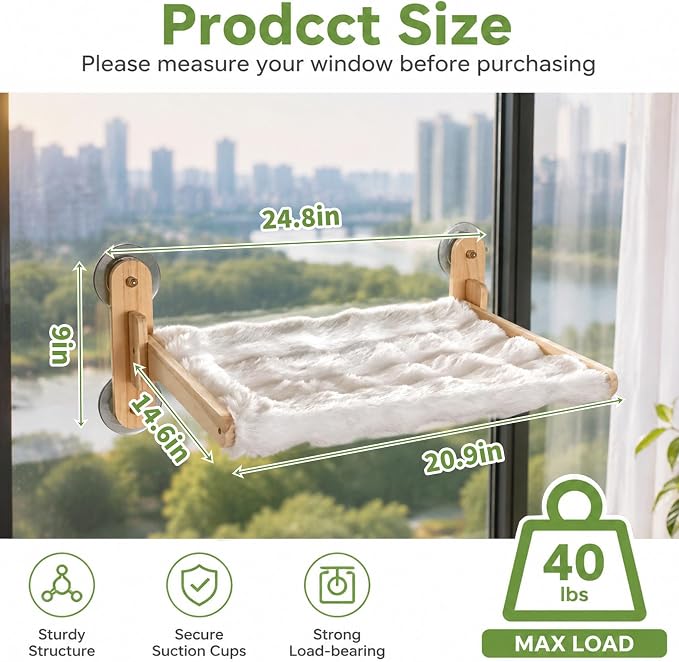 Foldable Cat Window Perch,Cat Hammock Bed with Wood Frame,Washable Soft Rabbit Fur Cover,Strong Suction Cup,Window Seat for Kitten, Indoor Cats, Birds Watching - Image 2