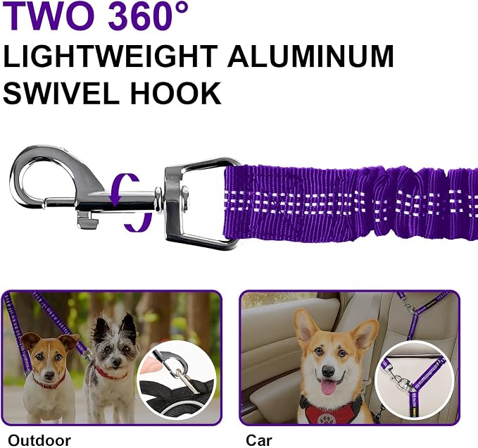 MingXpet 2 Dog Leash, Dog Leash for 2 Dogs, 360° Swivel No Tangle Double Walking Training Leashes for Large Dogs that Pull, Comfortable Shock Absorbing Reflective Bungee, Purple - Image 3