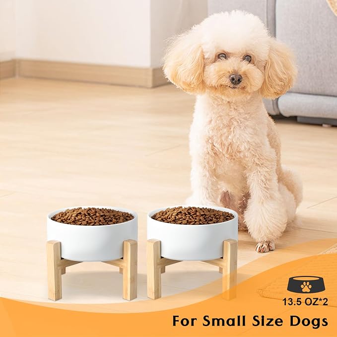 SPUNKYJUNKY Ceramic Elevated Dog Bowls 2 Pack - 5.1inch Raised Dog Bowls with Non-Slip Wooden Stand for Small Dogs Dishwasher Safe(White,13.5OZ*2) - Image 6