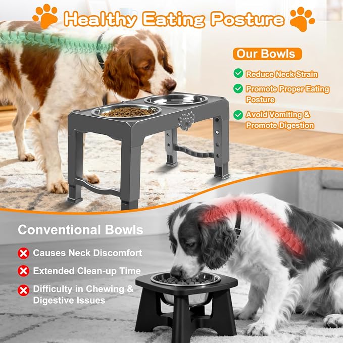 COMESOON Elevated Dog Bowls, 5 Adjustable Heights (3.9"-13.4") Raised Dogs Food Bowl Stand for Medium Large Sized Dogs, Non-Slip Foldable Travel Pet Feeder Grey with Stainless Steel Bowls - Image 3
