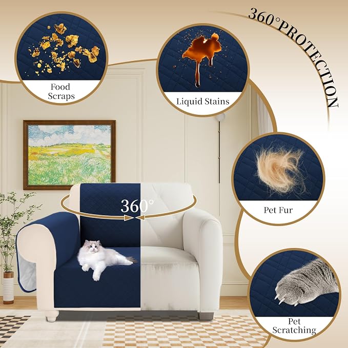 Velvet 100% Waterproof Chair Covers for Living Room Sofa Armchair Cover Washable Couch Arm Chair Slipcovers for Dogs Non Slip Quilted Furniture Protector with Pockets (Small, Navy) - Image 5