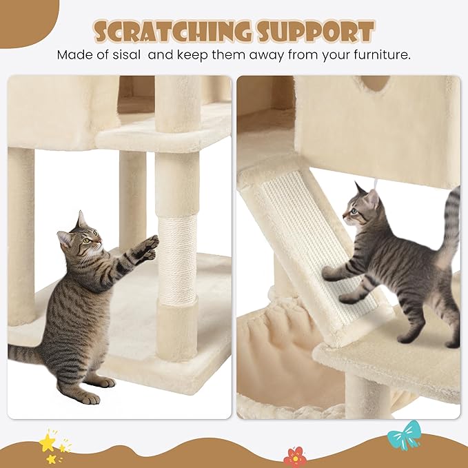 SHA CERLIN 81in Multi-Level Tall Cat Tree Tower for Indoor Kitties/Larger Cat Condo Furniture with Hammock/Cozy Pussycat Perches/Sisal Scratching Posts/Pet House/Wide Base/Beige - Image 7