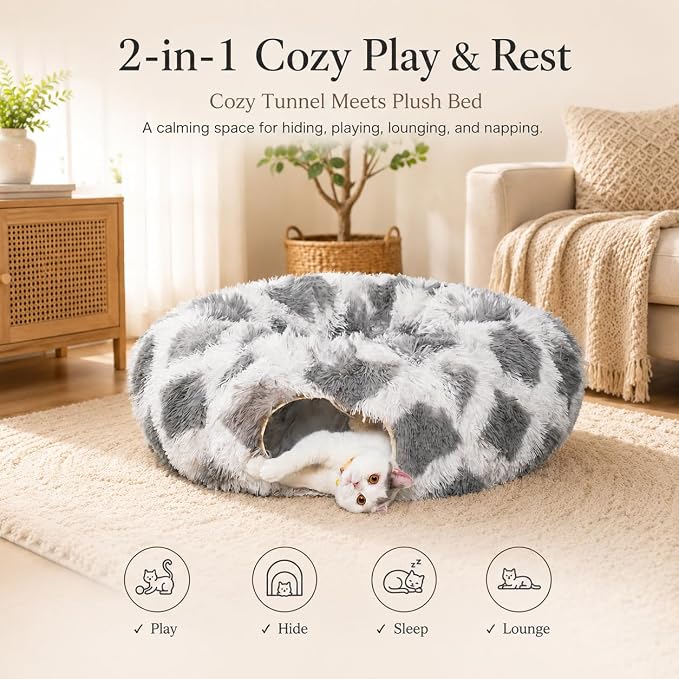 Warm Fluffy Plush Cat Tunnel Bed with Washable Cushion- Big Tube Playground Toys 3 FT Diameter Collapsible, for Indoor Cat Kitty Kitten Puppy Rabbit Ferret Gray-White Diamond Pattern - Image 2