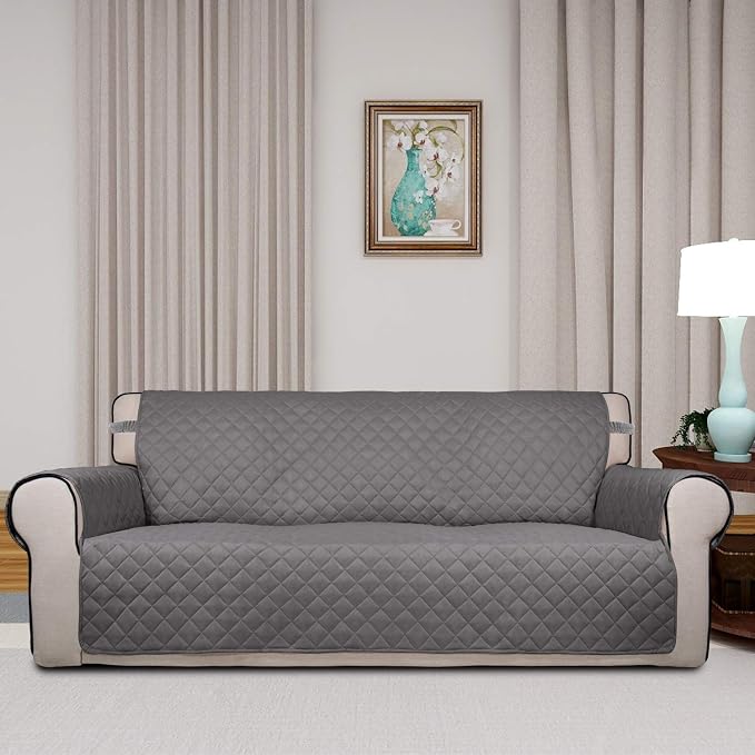 PureFit Reversible Quilted Couch Covers for Dogs Oversized Sofa Cover 78” | Gray/Light Gray, Water Resistant Couch Protector, Washable Pet Couch Cover with Non Slip and Elastic Straps For Kids - Image 2