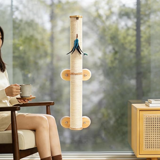 Lulu's World Sisal Cat Wall Scratcher Post with 4 Suction Cups 32" Tall | No-Drill,sturdy climbing tree,wall shelves,kitten wall furniture,natural style,feather toy,save space,for indoor - Image 9