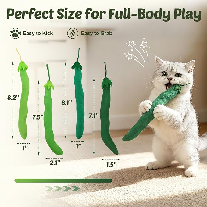 CiyvoLyeen Plush Green Bean Catnip Toys for Indoor Cats 4 Pack | Cat Chew Kicker Toys, Boredom Relief, Interactive Play, Soft Durable Plush with Catnip, Funny Gift for Cat Lovers & Kitten - Image 3