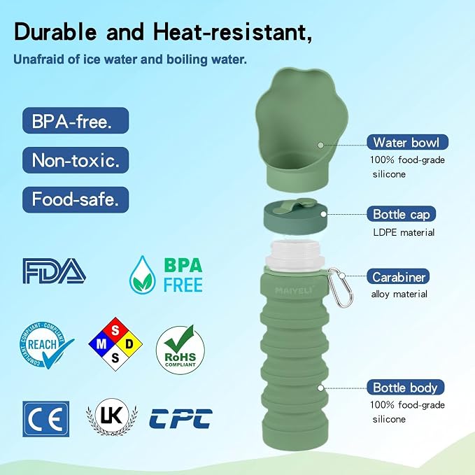Collapsible & Portable Dog Water Bottle with Dispenser for Walking, Travel, and Outdoor, 9oz-17oz Leak-Proof Silicone Water Bottle for Dogs on The Go (Green) | Leak-proof collapsible dog water bottle expands from 9oz to 17oz for easy hydration on walks... - Image 6