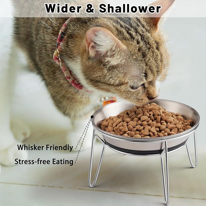 Elevated Cat Bowls, Wide Stainless Steel Cat Food Bowls with Metal Stand Whisker Stress-Free, Raised Food and Water Dish for Cats, Kitten, Puppies and Small Dogs - Image 2
