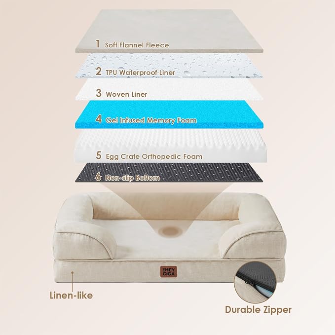 EHEYCIGA Orthopedic Dog Beds Large Sized Dog, Waterproof Washable Pet Bed | Non-Slip Bottom and Egg-Crate Memory Foam XL Dog Couch Bed with Washable Removable Cover, Beige - Image 2