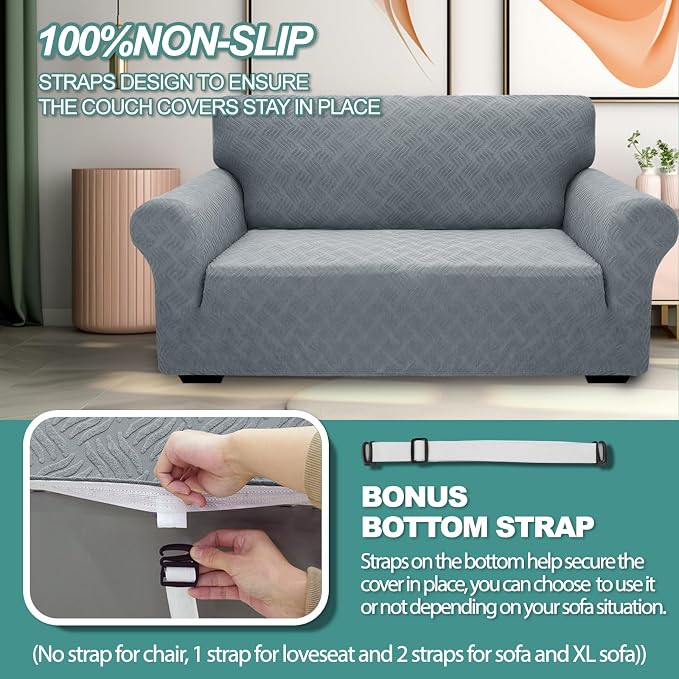 YEMYHOM Couch Cover Latest Jacquard Design High Stretch Sofa Chair Covers for Living Room, Pet Dog Cat Proof Armchair Slipcover Non Slip Elastic Furniture Protector (Small, Leaf Pattern Light Gray) - Image 5