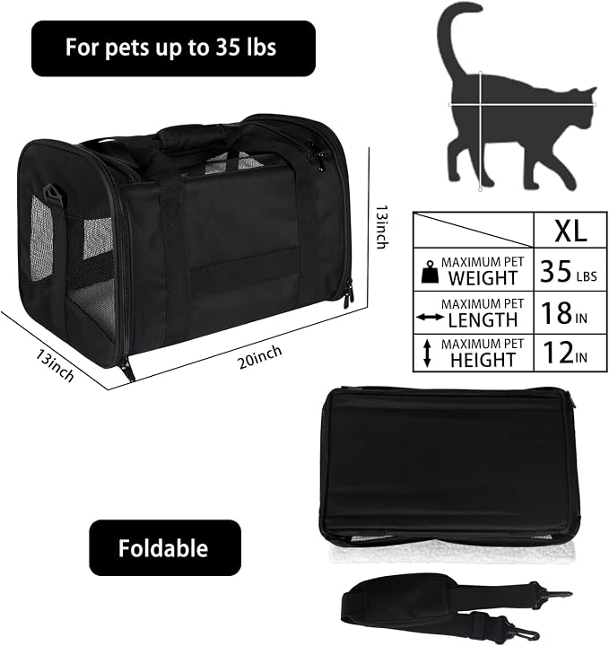 Cat Carrying Case - Pet Carrier Airline Approved, Protable and Breathable Pet Travel Carrier Removable Fleece Pad, Collapsible Cat Carrier Dog Carrier for Medium Cats Small Cats Dogs (X-Large, Black) - Image 2