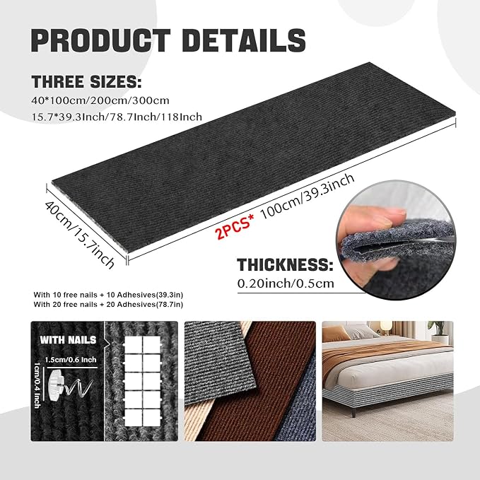 Cat Scratching Climbing Carpet Mat, Self-Adhesive Couch Furniture Protector | Trimmable, DIY Cat Scratch Post Covered Pad Replacement for Tree Shelf Steps Couch Corner Wall (Black, 78.7x15.8Inch) - Image 2