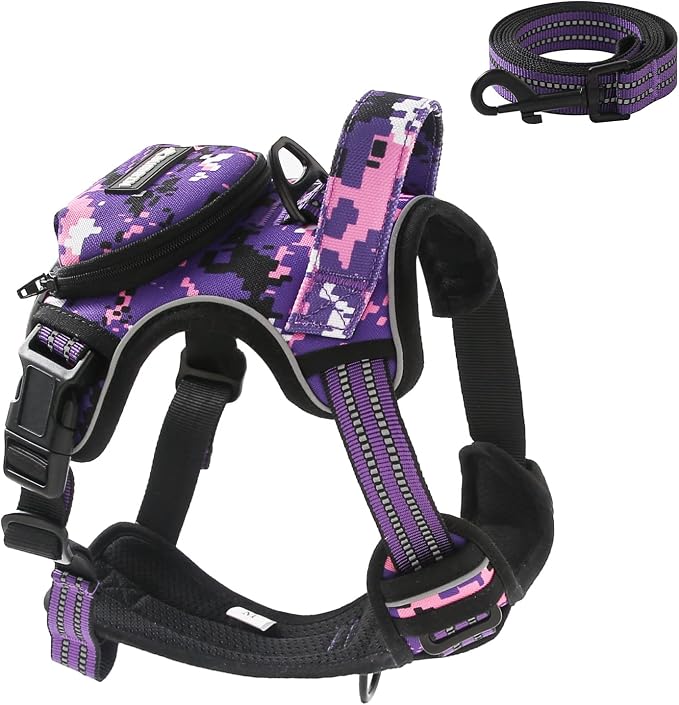No Pull Dog Harness for Medium Dogs, Adjustable No Choke Pet Vest with Dog Leash Fit Smart Reflective Pet Walking Harness for Training Easy Control Soft Handle Purple Camo M by BUMBIN