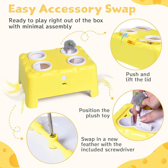 Interactive Cat Feather Toy Cheese Box 3in1 Whack a Mole | 3 Play Modes, Paw-Safe 4 Hole Whack-a-Mole, Anti-Slip Base, 4 Interchangeable Accessories, USB Rechargeable Auto Cat Toy - Image 5