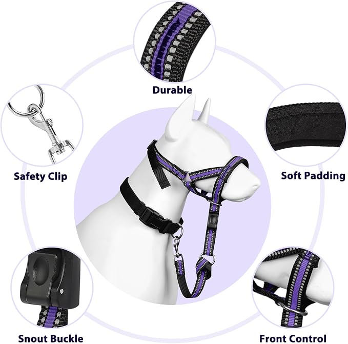 BARKLESS Soft Dog Head Collar, Patented Padded No Pull Head Halter, Training Nose Leash with Safety Link for Medium Large Dogs, Adjustable Muzzle Leash, Easy Control for Walking (XL, Purple) - Image 8
