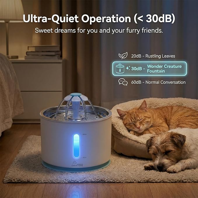 Wonder Creature Cat Water Fountain Stainless Steel Lid 81oz | Quiet Pet Fountain, LED Water Level Window, Multi-Layer Filter, Dishwasher-Safe Stainless Steel Lid for Cats and Dogs - Image 6