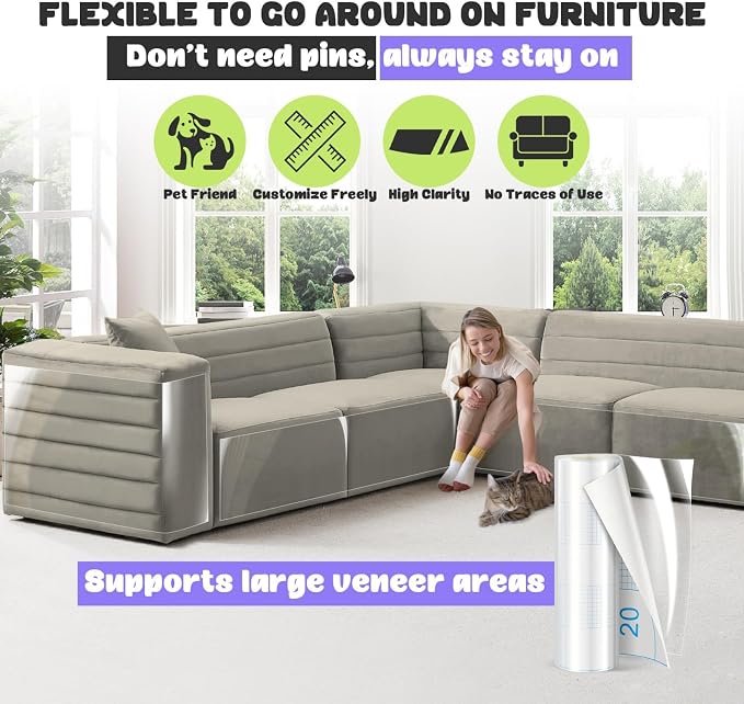 JINVOGREEN Cat Scratch Furniture Protector, 196.8 x 11.8 in | Thickened Transparent Self-Adhesive Couch Protector Designed to Help Shield Furniture from Cat Claws and Scratching - Image 5