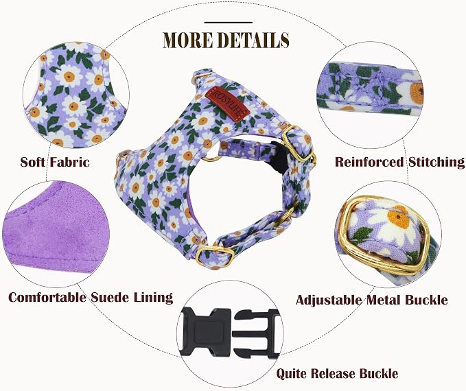 No Pull Dog Harness Adjustable Small Dog Harness and Leash Set, Lightweight and Soft Dog Harness No Choke Escape Proof Pet Harness Vest (Purple Daisy, S) - Image 3