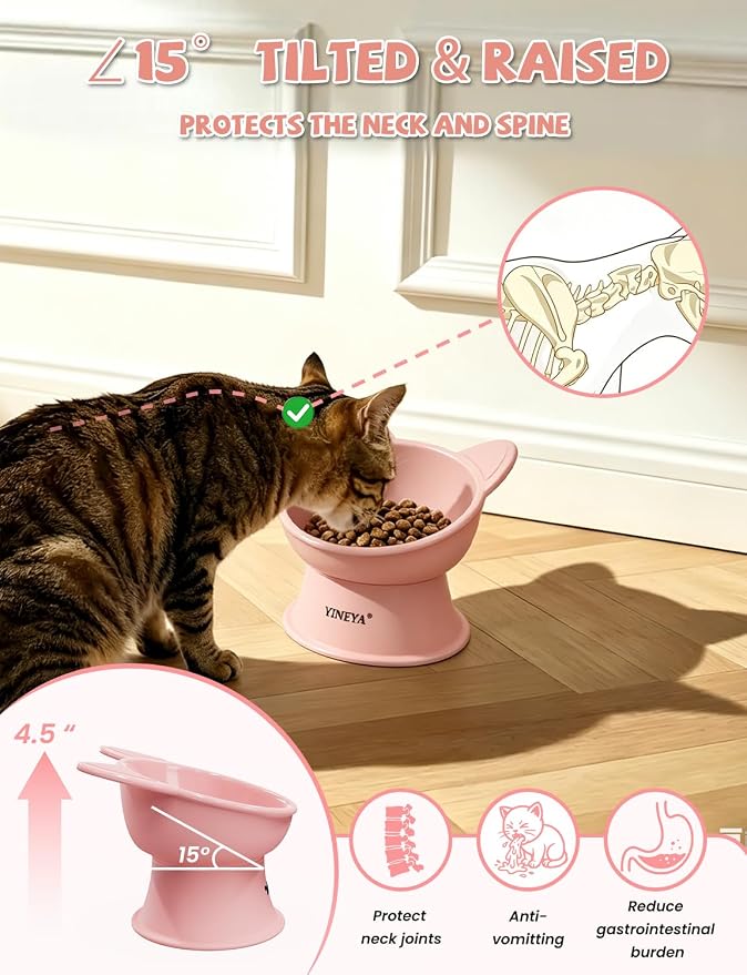 YINEYA Cat Bowls, Cat Food Bowl Elevated to Protect Neck & Anti-Vomit, Whisker-Friendly Raised Food & Water Bowls for Indoor Cats/Small Dogs, Cute Pet Feeding Bowl 6 OZ Each, Dishwasher Safe, Pink - Image 2