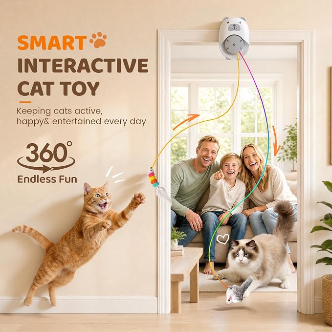Interactive Cat Toys for Indoor Cats, Automatic Rechargeable Hanging Feather Wand with Flying Motion, 4 Packs Replaceable Accessories, Exercise Enrichment Toy for Cats, Long-Lasting USB Charging - Image 2