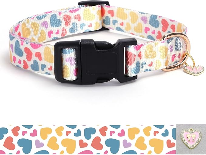 White Heart with Pendant Cute Dog Collar for Small Medium Large Dogs, XL | Ligth Adjustable Nylon Puppy Collar for Boy and Girl Female, Distinctive Patterns, Comfortable for Walks and Outdoor Hikes by BOOMIBOO