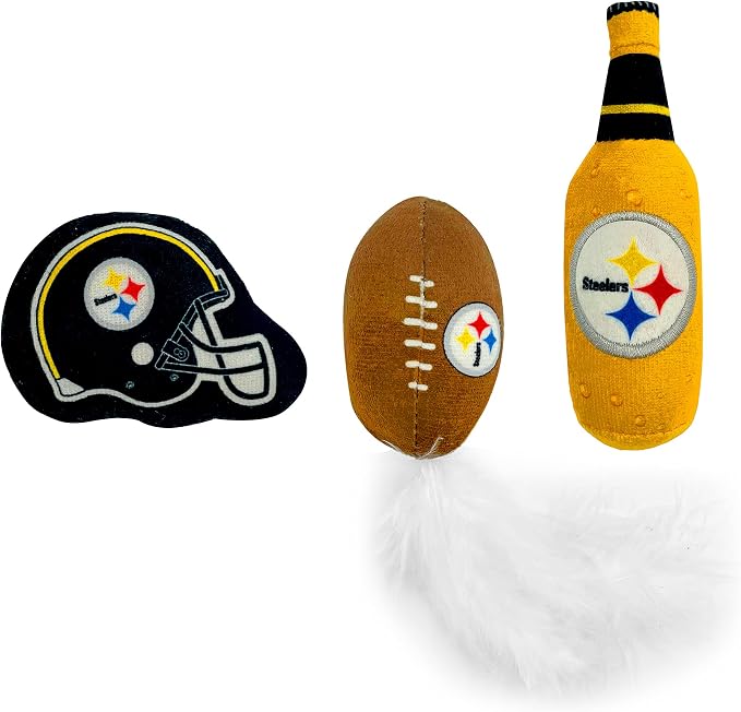 BEST PLUSH CAT TOY NFL PITTSBURGH STEELERS Complete Set of 3 piece Cat Toys filled with Fresh Catnip. Includes: 1 Helmet Cat Toy, 1 Football Cat Toy with Feathers & 1 Beer Bottle. Beautiful Team LOGOS - Image 2