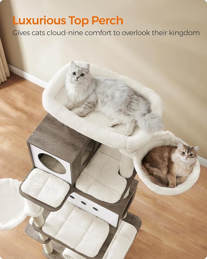 Feandrea Cat Tree, 75.6-Inch Modern Cat Tower, Tall Multi-Level Condo with 2 Caves, 2 Hammocks, 4 Scratching Posts, Self-Groomer, Tunnel, Perch, Heather Greige UPCT193G01 | Tall Cat Tower, 4 Scratching Posts, Self-Groomer, Tunnel, Perch, Heather Greige... - Image 4