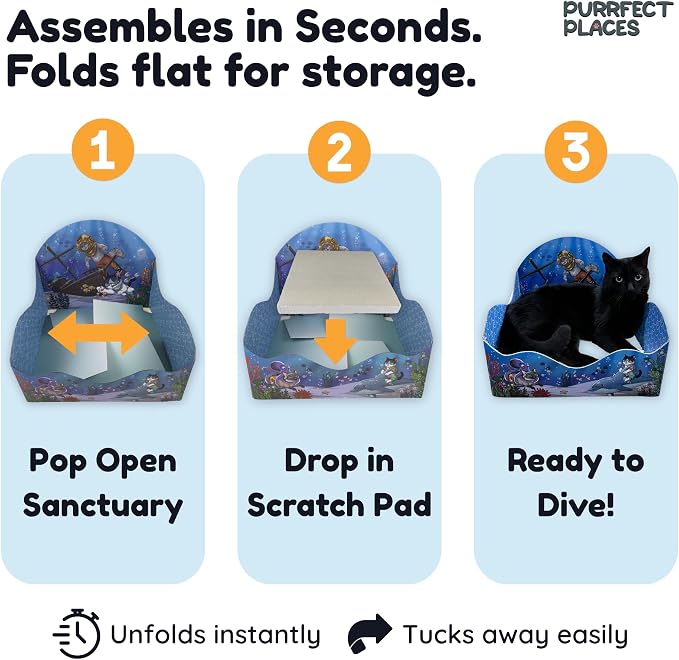 Themed Cardboard Cat House & Scratcher | Underwater Theme | Enclosed Privacy Bed and Premium Corrugated Scratch Pad for Small, Medium & Large Indoor Cats, 13.5 inches (Meow Reef) - Image 6