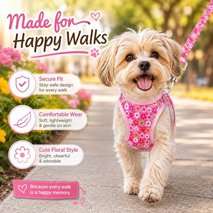 Step in Dog Harness Leash Set- All Weather Reflective No-Pull Floral Pattern Padded Mesh Vest Harness for Cats Puppy Extra-Small Small Medium Large Dogs - Pink Flower - M - Image 4
