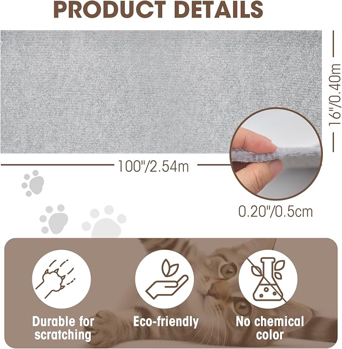 Cat Scratching Mat, 100"x16" Self-Adhesive Carpet Mat Trimmable Replacement for Cat Tree, Cat Wall Shelves, Cat Scratching Post, TanoFalo DIY Couch Furniture Protector (Light Gray) - Image 5