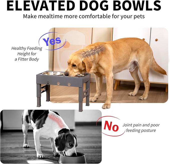 Elevated Dog Bowls with 2 Stainless Steel Bowls, 5-Height Adjustable Stand (3.1", 9" to 12"), for Improved Digestion & Neck Support, Easy Clean, Non-Slip Base Raised Feeder for Medium Large Dogs - Image 4