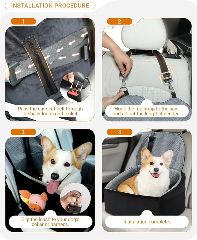 NUPIDA Dog Booster Car Seat with Extend Backrest for Small Medium Pet, Grey | Easy Install, Up to 30 lbs, Washable Removable Cover, Non-Slip Bottom, Large Storage Pockets, 2 Safety Leashes - Image 7