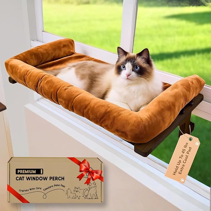 [Ready to Gift] PURRHOUSE 45LBS Cat Window Perch with Bolster, Hammock Seat with Plywood & Metal Frame, Cat Bed for Windowsill, Bedside and Cabinet (Walnut Wood & Brown Cushion, 24.8''W x 9.4''H) by PURRHOUSE