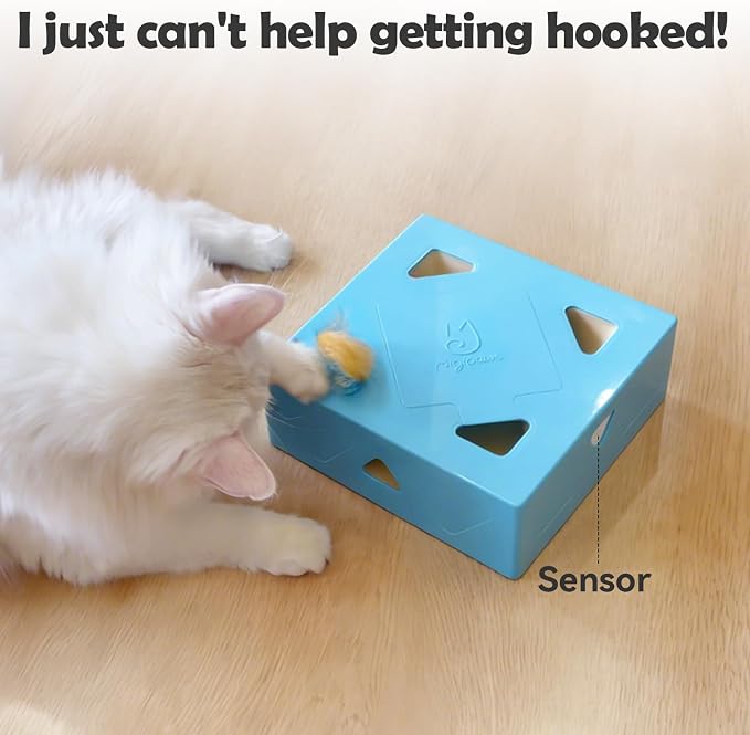 Migipaws Interactive Cat Toy -Migibox Without Popskin, Puzzle Toy for Indoor Bored Cats, Automatic Pop Out Feathers from 7 Holes Randomly, Motion Activated, USB Rechargeable(Blue) - Image 2