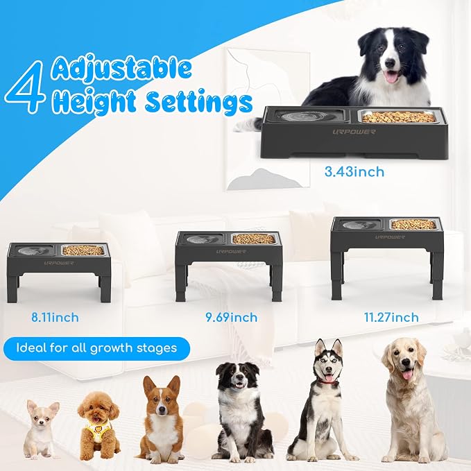 URPOWER 2-in-1 Elevated Dog Bowls 4 Height Adjustable Raised Dog Bowls | Stainless Steel Food Bowl with No Spill Water Bowl and Non-Slip Stand for Small Medium Large Dogs - Image 2