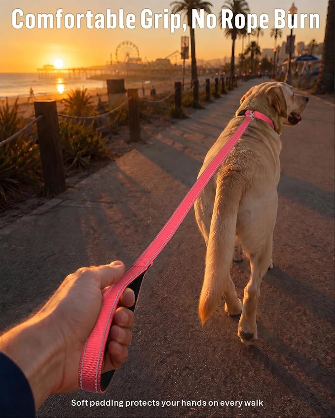 FunTags Reflective Nylon Dog Leash for Medium & Large Dogs, 6FT for Walks | Comfortable Padded Grip, Stay Safe at Night, 360° Anti-Tangle Swivel, for Dog Parks & Trails, Neon Pink - Image 2