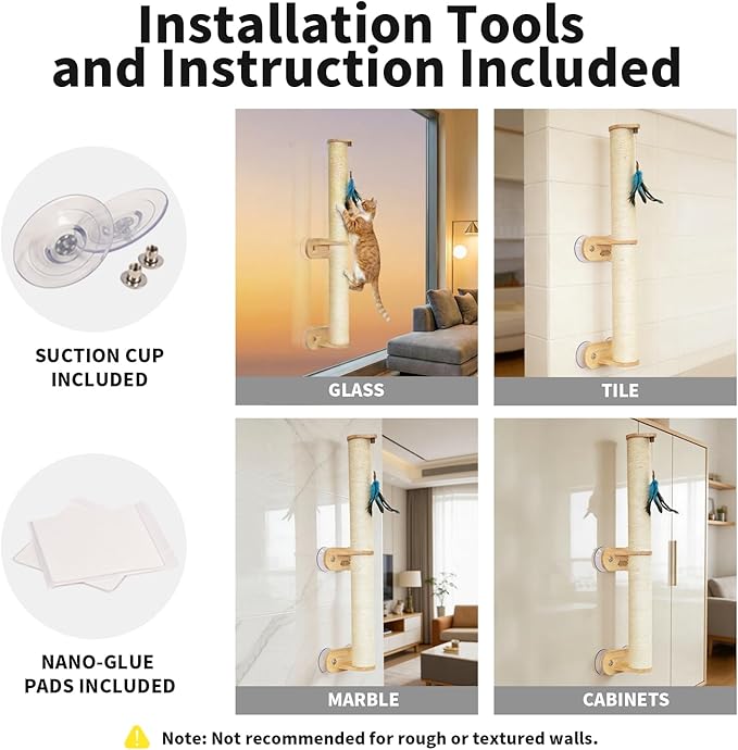 Lulu's World Sisal Cat Wall Scratcher Post with 4 Suction Cups 32" Tall | No-Drill,sturdy climbing tree,wall shelves,kitten wall furniture,natural style,feather toy,save space,for indoor - Image 4