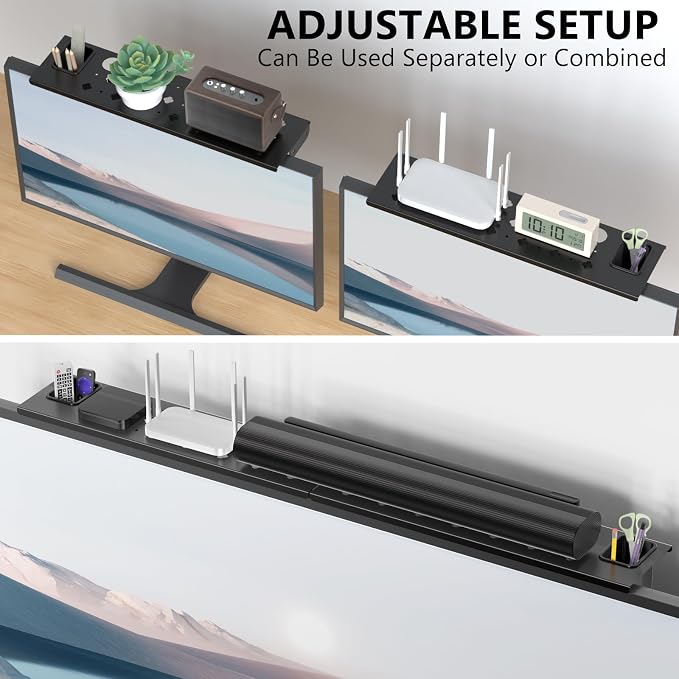 WALI Soundbar Mount, No Drilling TV Top Shelf with 2 Storage Boxes, Floating Monitor Shelves for Router, Cable Box, Game Console Storage, TV Remote Holder, Up to 5.5Lbs, 17.3"x4.3"(TSH004-2B), Black - Image 6