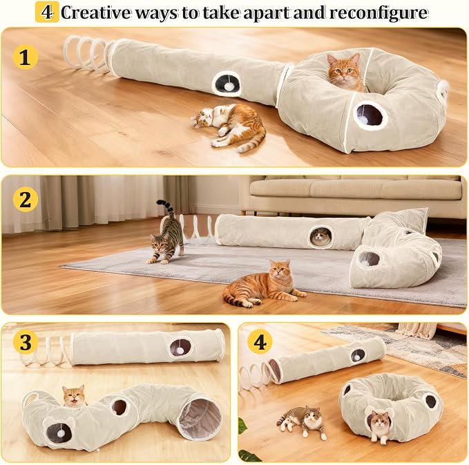 Ownpets 2-in-1 Cat Tunnel Large Lollipop Collapsible Cave Plush,12"D, Beige | Foldable Tunnel Bed, Fluffy Ball, Multi-Exit Maze, For Cats Kittens Puppies Rabbits, Soft Plush, Easy Store, Cozy Hiding Spot - Image 3