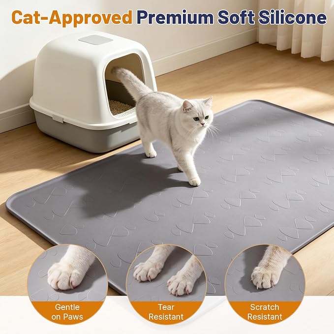 Cat Litter Mat, XL 54x34in Waterproof Silicone Litter Box Mat, Grey | XXL Cat Mat Fits 2-4 Litter Boxes, Litter Trapping Mat with Raised Edges, Non-Slip Bottom, Easy Clean Kitty Litter Mat - Image 5