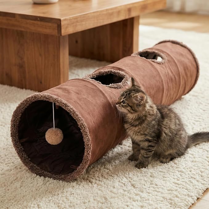 51"x 12" Collasiple Cat Play Tunnel, Cats Tubes and Tunnels, Cat Foldable Hide and Seek Tunnel Toy, Brown Suede Pet Tube Toy for Rabbits, Ferrets, Puppy, Diameter 12 Inch - Image 7
